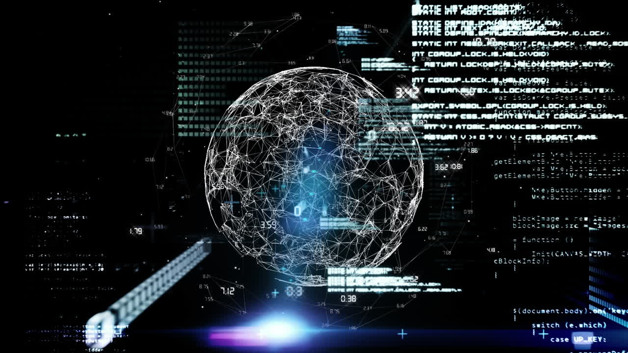 Animation of data processing over spinning globe and blue light spot against black background