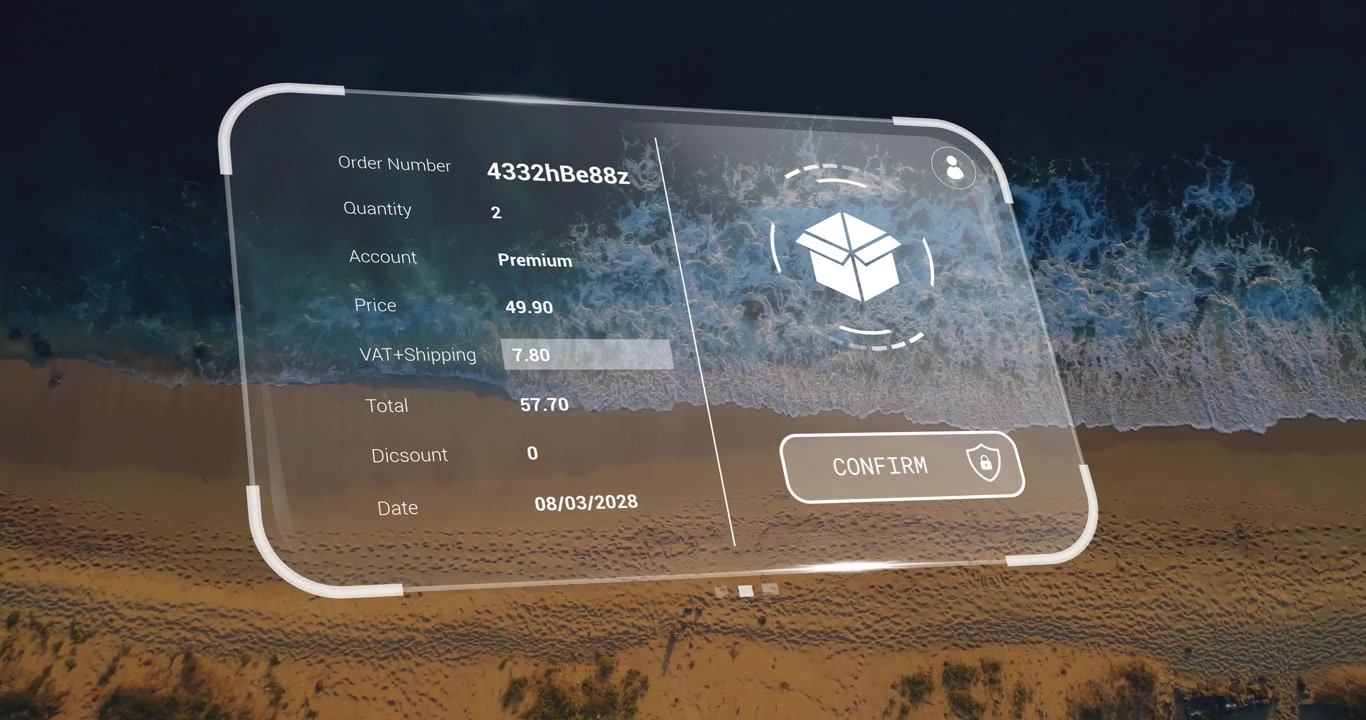 Animasi antarmuka digital dengan pemrosesan data di atas pemandangan tepi laut