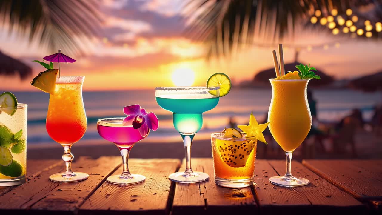 Colorful cocktails on a beach table at sunset, captured from a low angle, perfect for a tropical