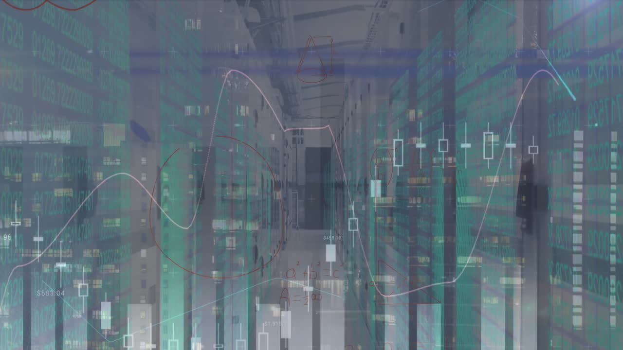 Animation of financial data processing and server room over cityscape