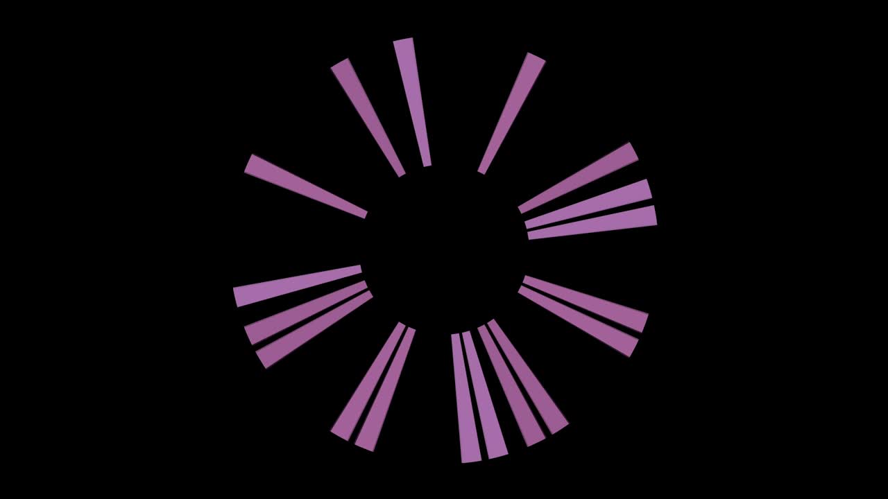 Abstract rotating blades of jet engine on black background, seamless loop. Animation. Purple rays spinning around black circle picking up speed