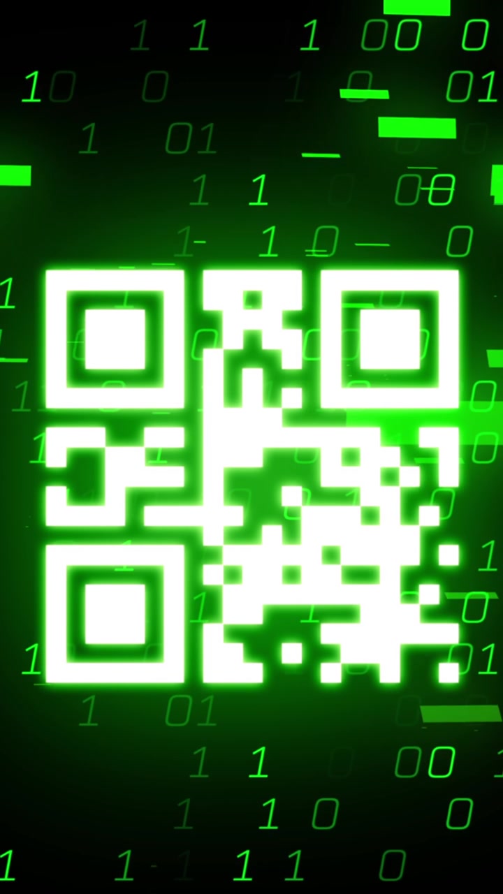 Animation of data processing and qr code on black background
