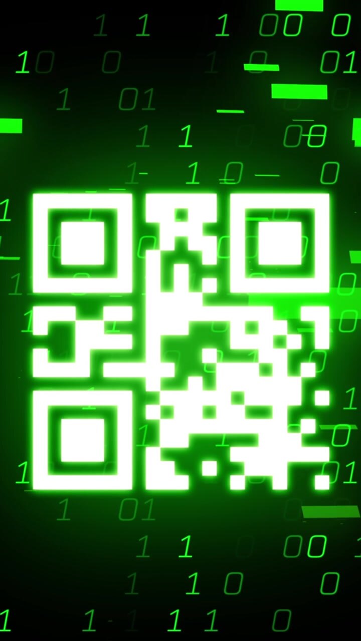 Animation of data processing and qr code on black background