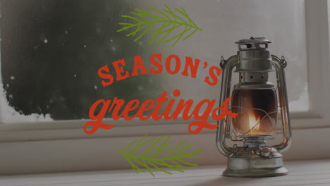 animation of christmas greetings text over lantern and christmas decorations