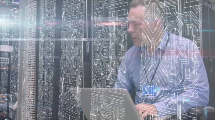 Animation of data with man working on his laptop