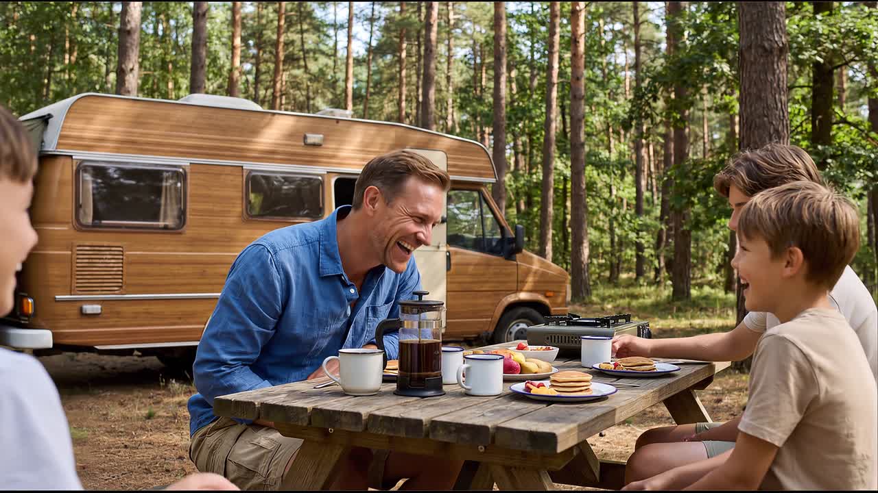 Glad familie nyder morgenmad sammen på en campingplads i skoven