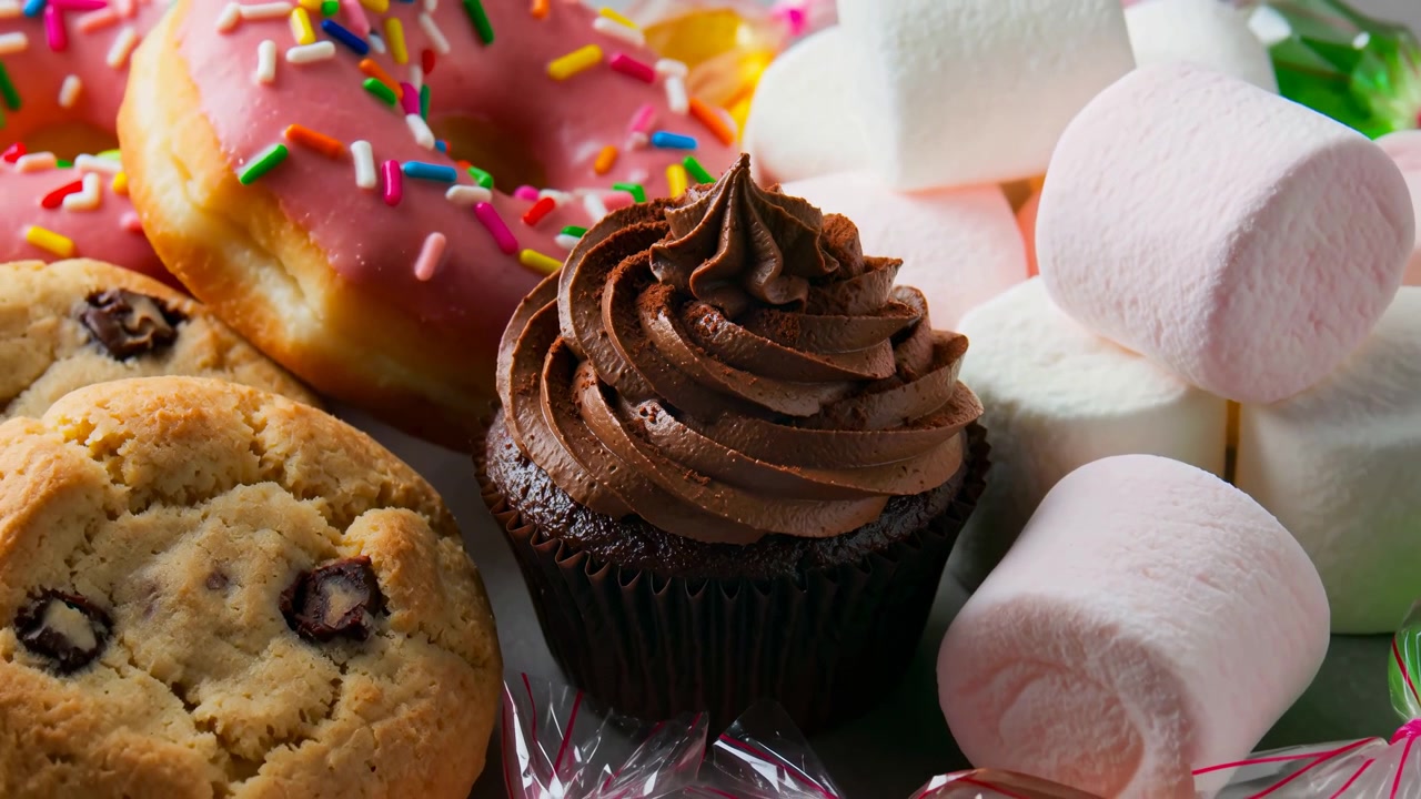 Slow widening composition reveals a colorful dessert arrangement around the cupcake, with glossy pink icing, bright sprinkles, pale marshmallows, golden cookies, and translucent wrapped sweets.