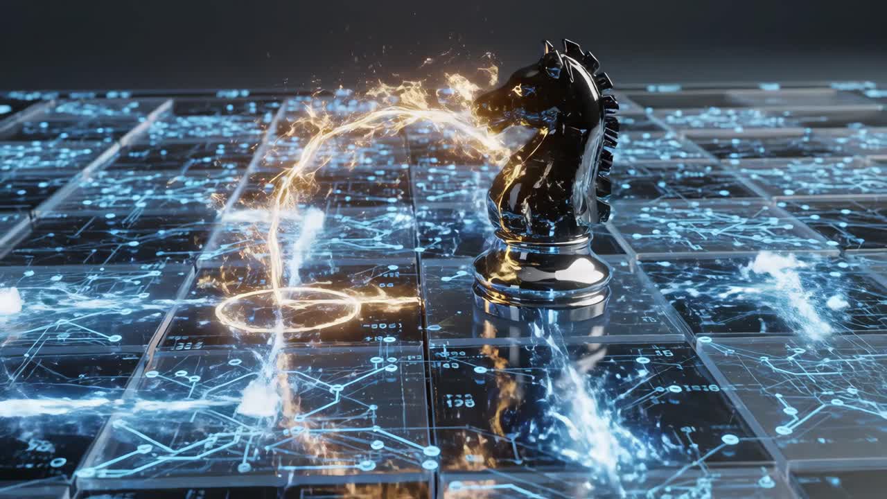 Chess Knight on a Technological Chessboard | Premium Stock Video Footage
