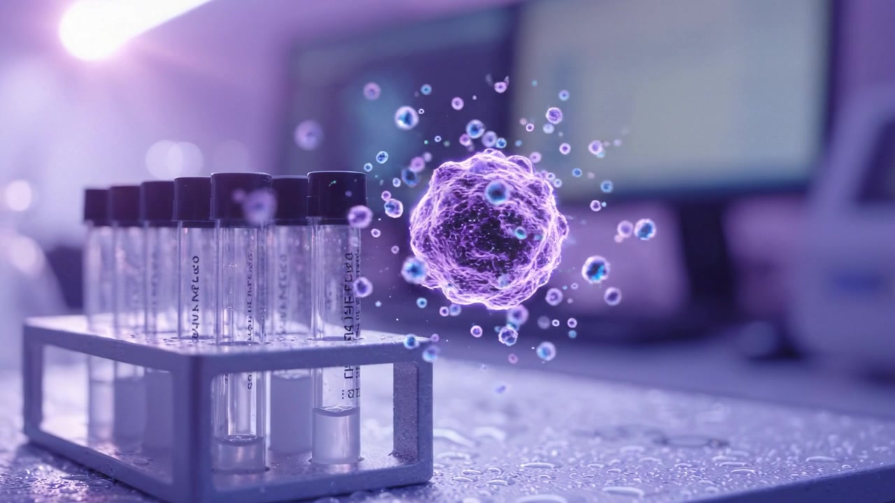 Allestimento di laboratorio avanzato con provette in un supporto trasparente e monitor digitali che mostrano dati scientifici e immagini microscopiche di cellule e organismi.