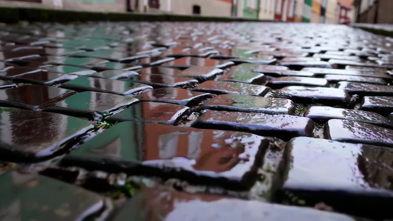 Strada Acciottolata Piovosa in una Città Europea Colorata