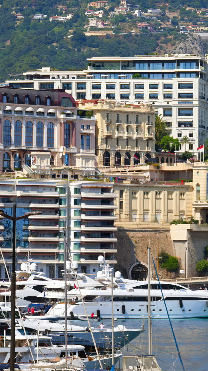 Vista di barche ormeggiate nel porto turistico di Monaco con lo skyline della città sullo sfondo. Verticale