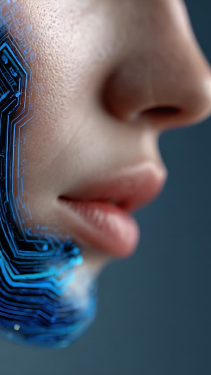 Exploring the Fusion of Technology and Humanity: A Close-Up on a Face Adorned with Circuit Patterns, Symbolizing the Integration of Human Identity and Digital Innovation