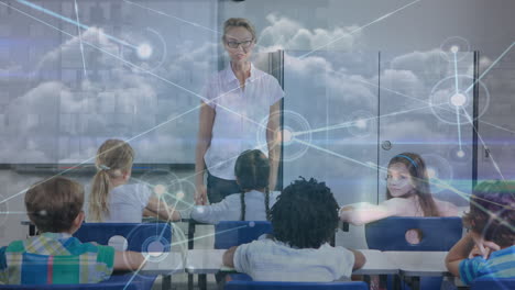 animation of network of connections over diverse schoolchildren and teacher in classroom