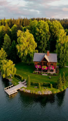 idyllic lakeside house surrounded by lush green forest and a private dock