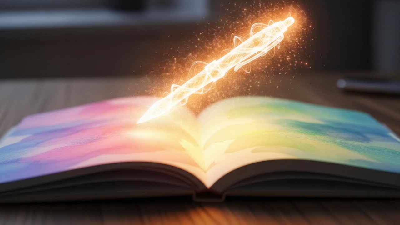 A mesmerizing transformation of creativity unfolds as a glowing pen hovers above a vibrant, open book, illustrating the magic of imagination and artistic expression