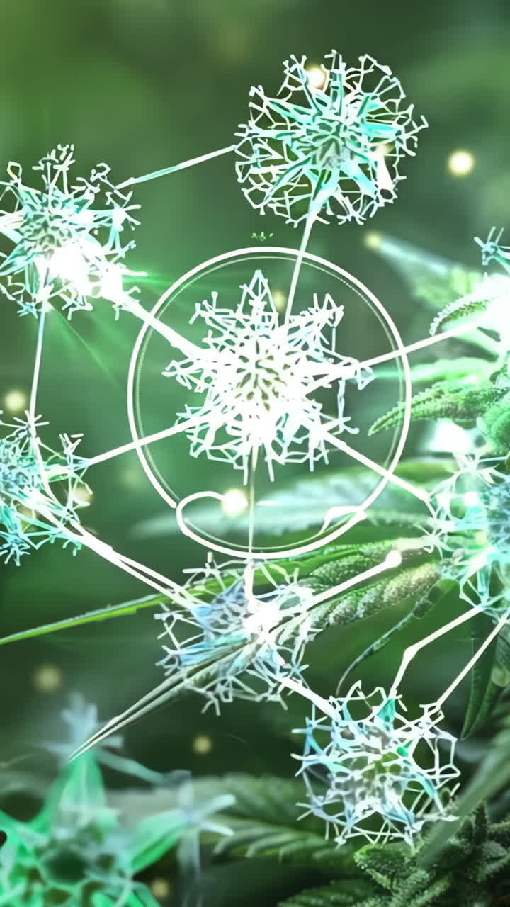 A close up of a marijuana plant with a bunch of chemical symbols surrounding it. Concept of scientific curiosity and exploration, as if the viewer is looking at the plant from a molecular perspective