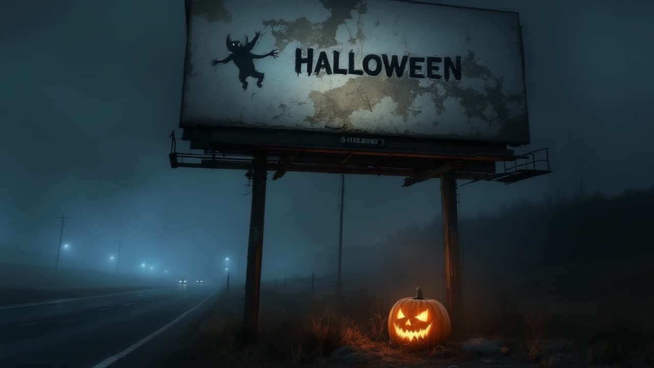 Spooky Halloween scene with illuminated pumpkin beside weathered billboard at night