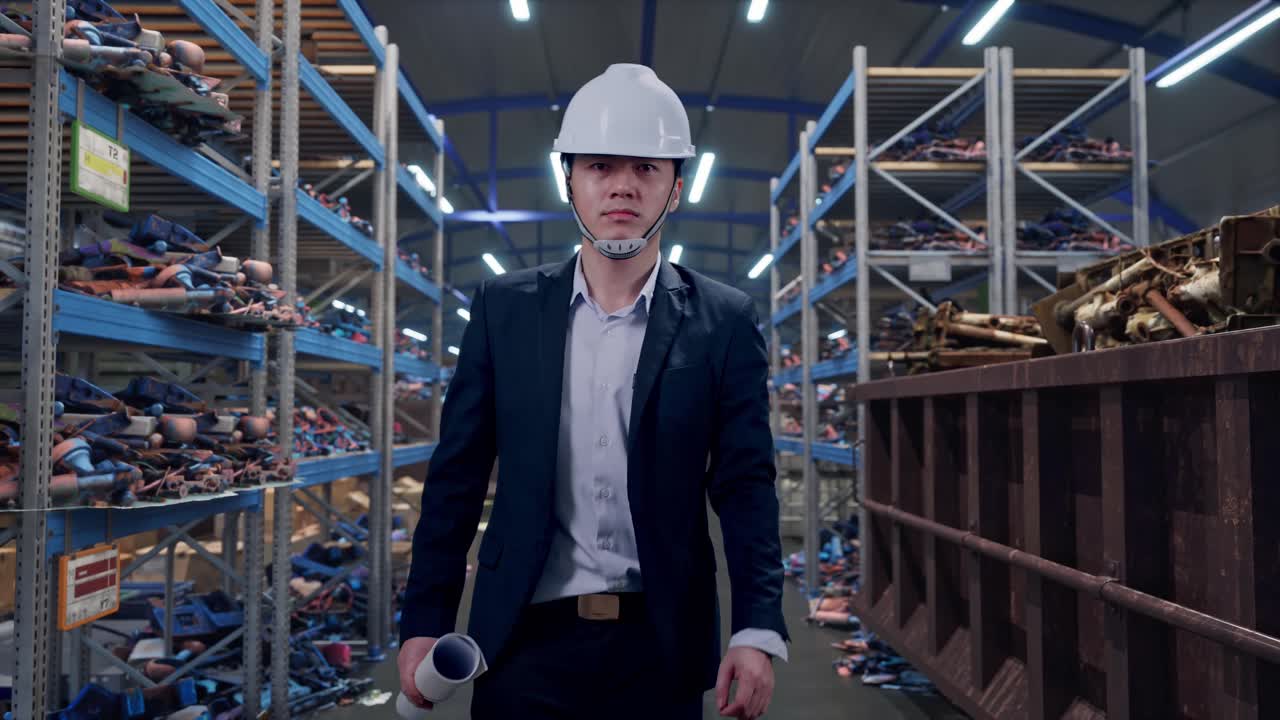 Vista frontale di un uomo d'affari asiatico che tiene in mano una planimetria mentre cammina in un magazzino industriale di rottami metallici e riciclaggio.