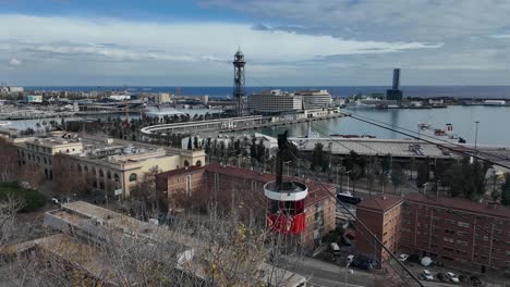 vista externa de un clásico teleférico en la ciudad de barcelona, españa, en una soleada mañana de invierno