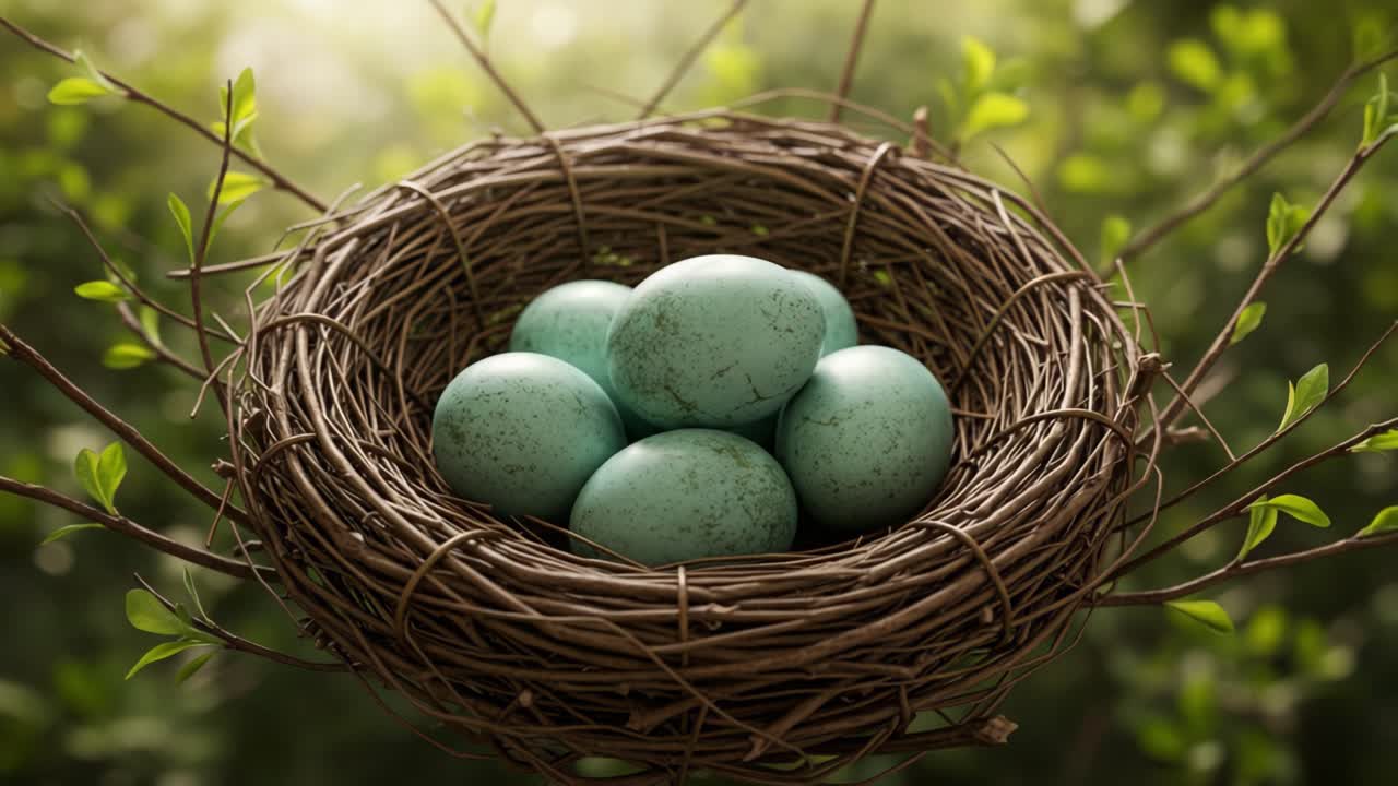 A Serene Moment: Captivating Close-Up of a Nest Filled with Beautiful Blue Eggs Surrounded by Lush Greenery and Delicate Branches, Symbolizing New Life and Nature's Beauty