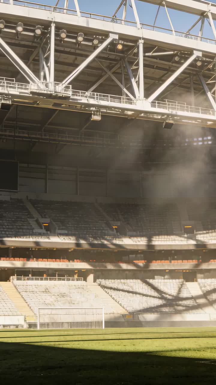 Video verticale: Luce solare che entra dal tetto illuminando la polvere e proiettando ombre sulla porta di uno stadio.