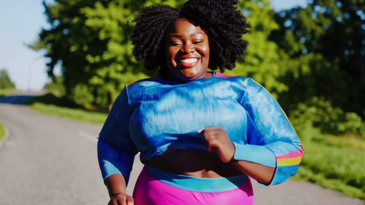 A happy woman jogging outdoors