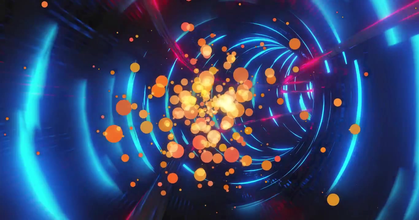 Grappolo di particelle arancioni che si intensifica ed emette dischi dopo una scintilla centrale, riempiendo un tunnel al neon