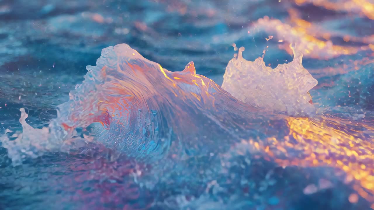 Ocean wave crest rising and breaking on ocean surface at sunset, sending foam and droplets