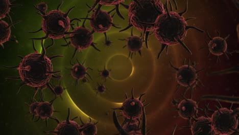 animación de virus sobre círculos rojos y naranjas