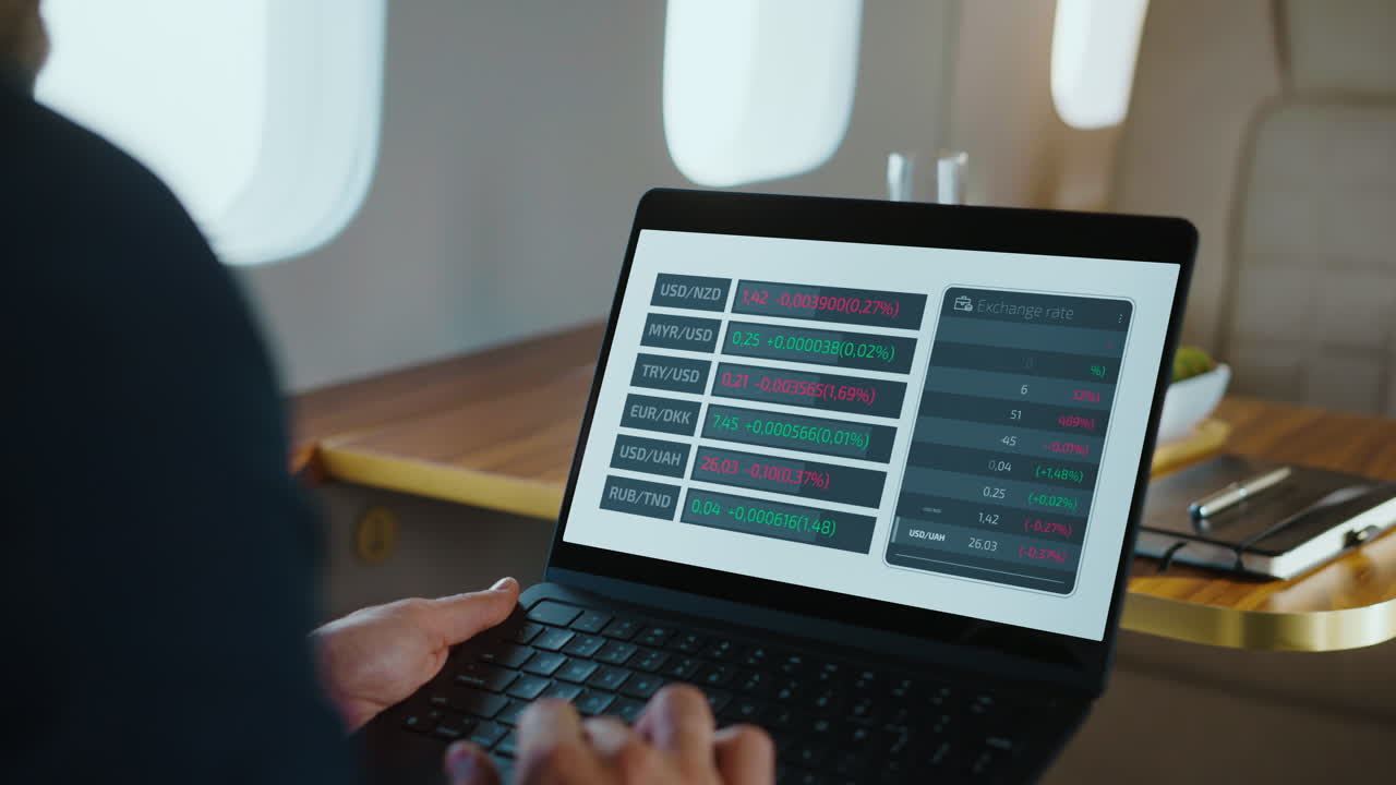 Man checking currency exchange rates on laptop