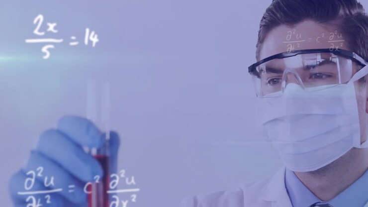 Animação de equações matemáticas sobre aluno caucasiano durante aula de química