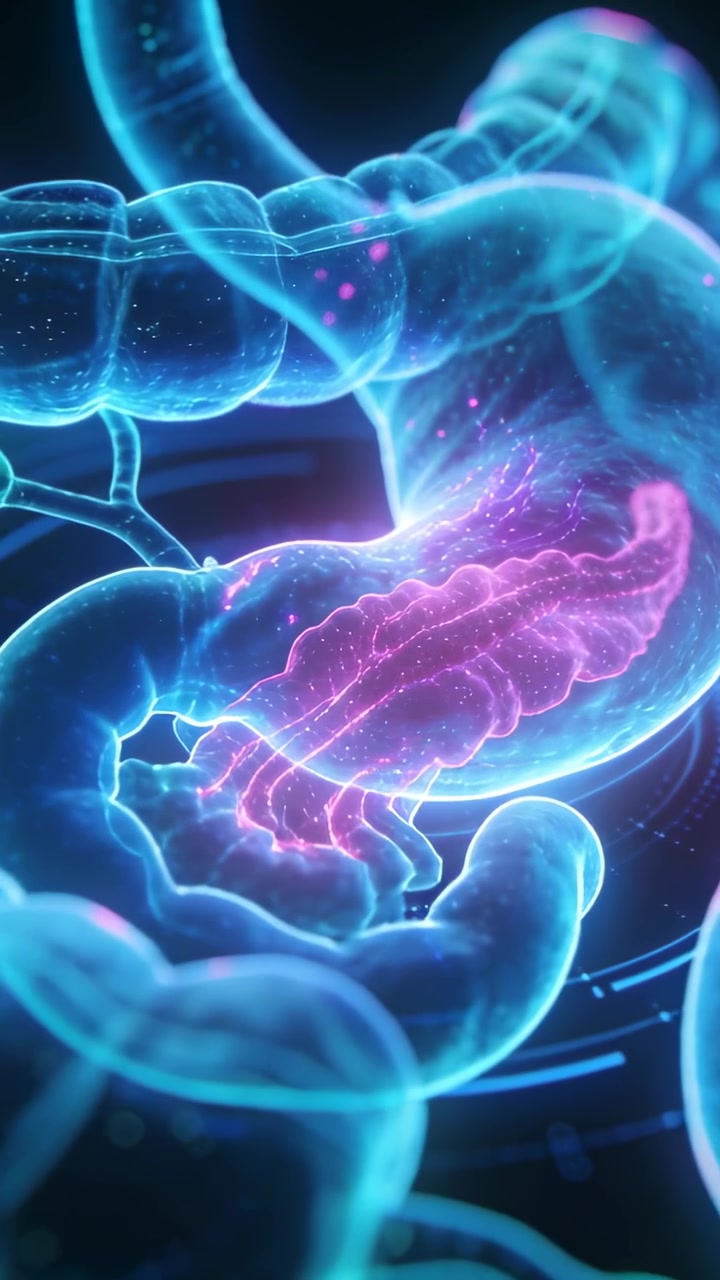 Vertical video: Panning camera showing stomach pulsing magenta, releasing particles into gut in 3D