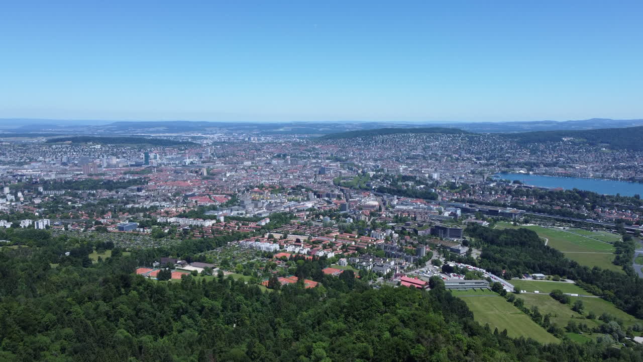 Wide Angle Aerial of Zurich City and Surroundings on a Sunny Day