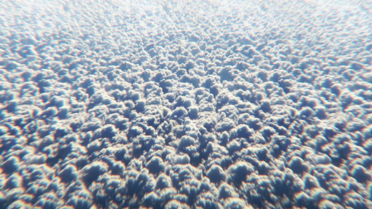 큐러스 구름 위를 날아다니며 비행기 위에서 볼 수 있는 3d 애니메이션.