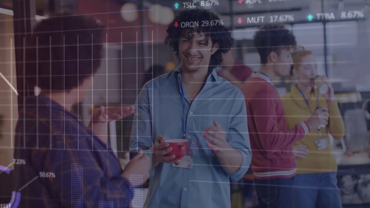 Animation of financial data processing over diverse business people in ...