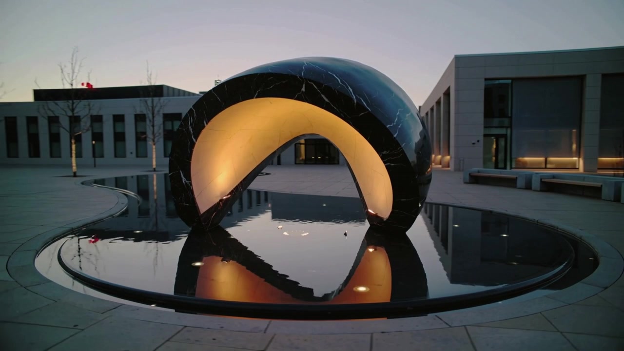 Cámara retrocediendo, revelando una escultura en forma de bucle y un estanque reflectante al anochecer, mostrando la plaza.