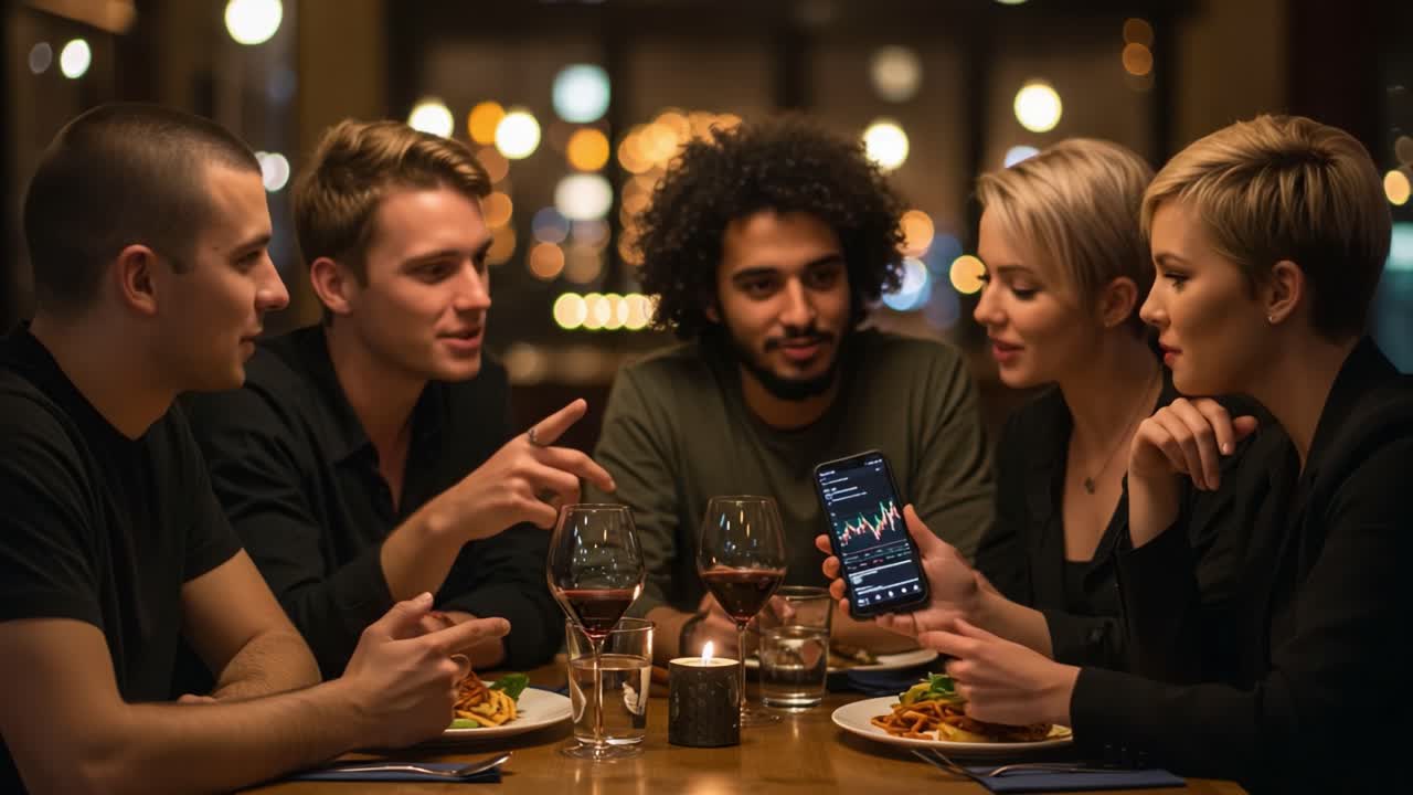 A Group of Friends Engaged in a Lively Discussion Over Dinner, Analyzing Financial Data on a Smartphone with Delicious Meals and Wine Present, Creating a Warm Atmosphere