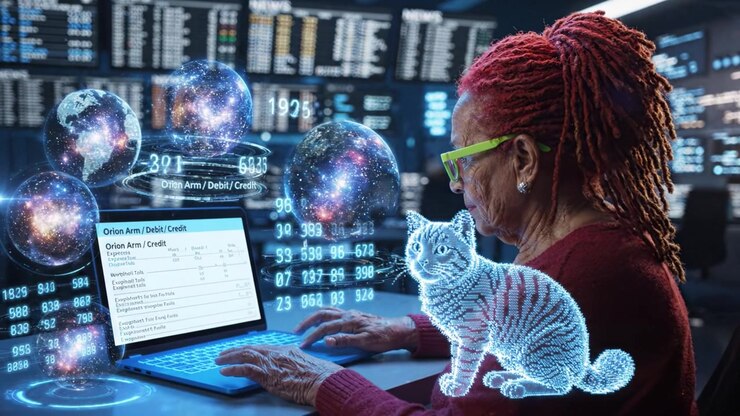 An elderly woman with vibrant red hair and glasses interacts with digital data visualizations and a holographic cat in a futuristic tech environment.