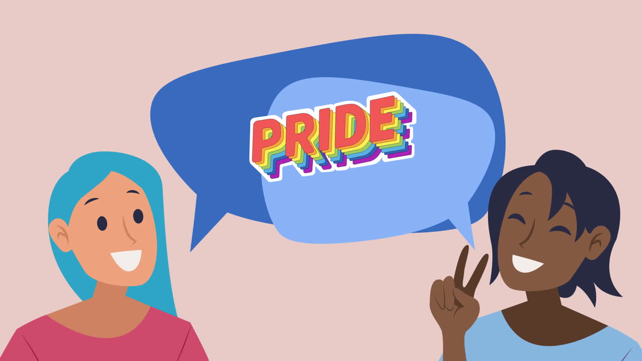 Animation of women icons and pride text on red background