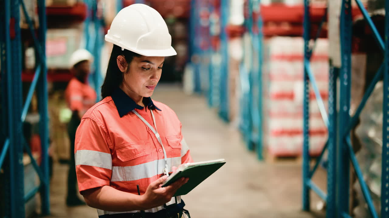Operaia di magazzino che controlla l'inventario su tablet