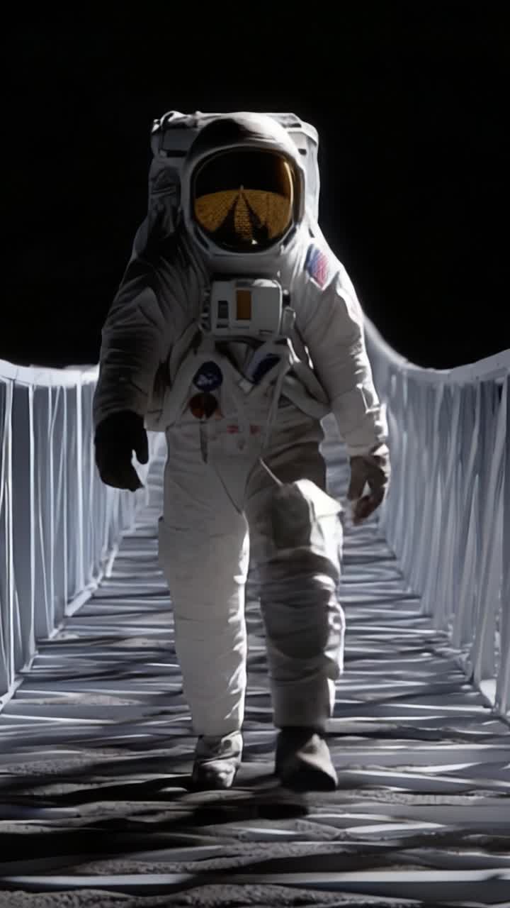 Seorang astronot sendirian berjalan melintasi jembatan futuristik, diterangi cahaya lembut, menyampaikan kesan eksplorasi dan petualangan di luar atmosfer bumi