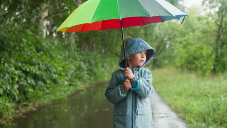 kid walks in park with parasol held aloft opened multicolored parasol transforms gloomy weather in