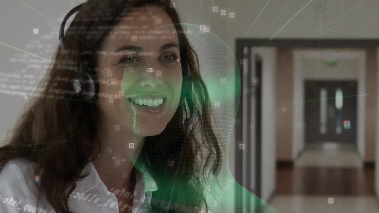 animación de la red de conexiones a través de una mujer de negocios usando auriculares telefónicos