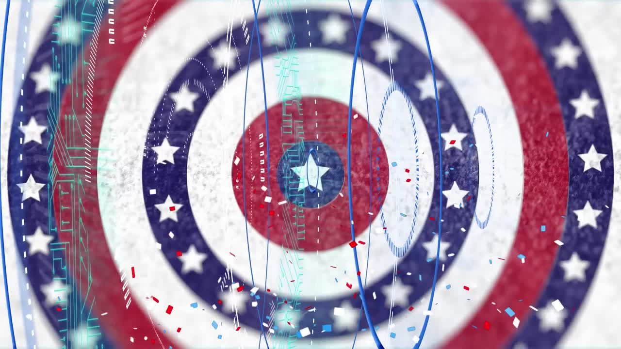 미국  ⁇ 발 별 위에 떨어지는 콘페티의 애니메이션과 원에 색칠된