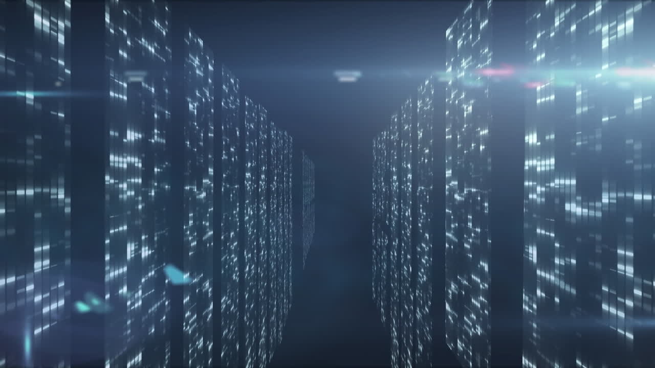 Animation of multiple screens with mosaic squares and light spot against blue background