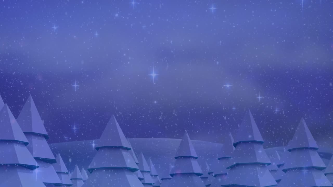 Animation af faldende sne og lys over juletræ på blå baggrund