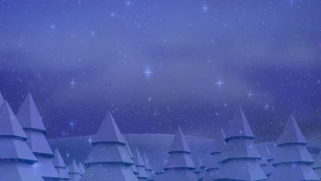 Animation-of-falling-snow-and-lights-over-christmas-tree-on-blue-background