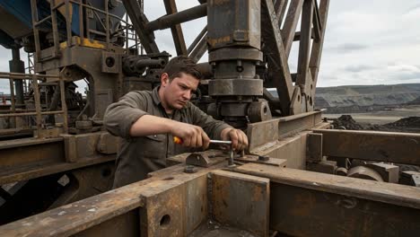 skilled worker performing precision repairs on heavy machinery in an industrial setting, demonstrating expert use of tools and attention to detail