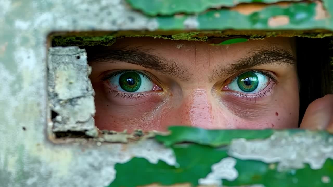 un hombre mirando por un agujero en una pared con ojos verdes