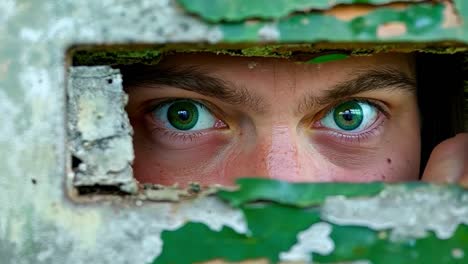 a man peeking out of a hole in a wall with green eyes